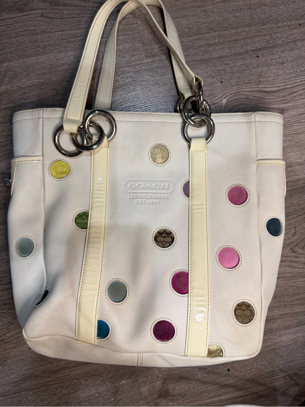 Coach Cream Leather Tote with Multicolor Polka Dots